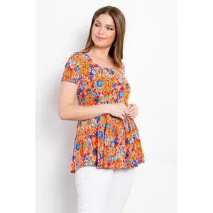Be Stage Full Size Floral Short Sleeve Babydoll Top Breathable Casual