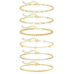 Moodear Gold Ankle Bracelets for Women Waterproof - Dainty 6Pcs Gold Plated Anklets Layered Cuban Link Chain Herringbone Cute Anklets Set Pack Summer Beach Jewelry Gift for Women Teen