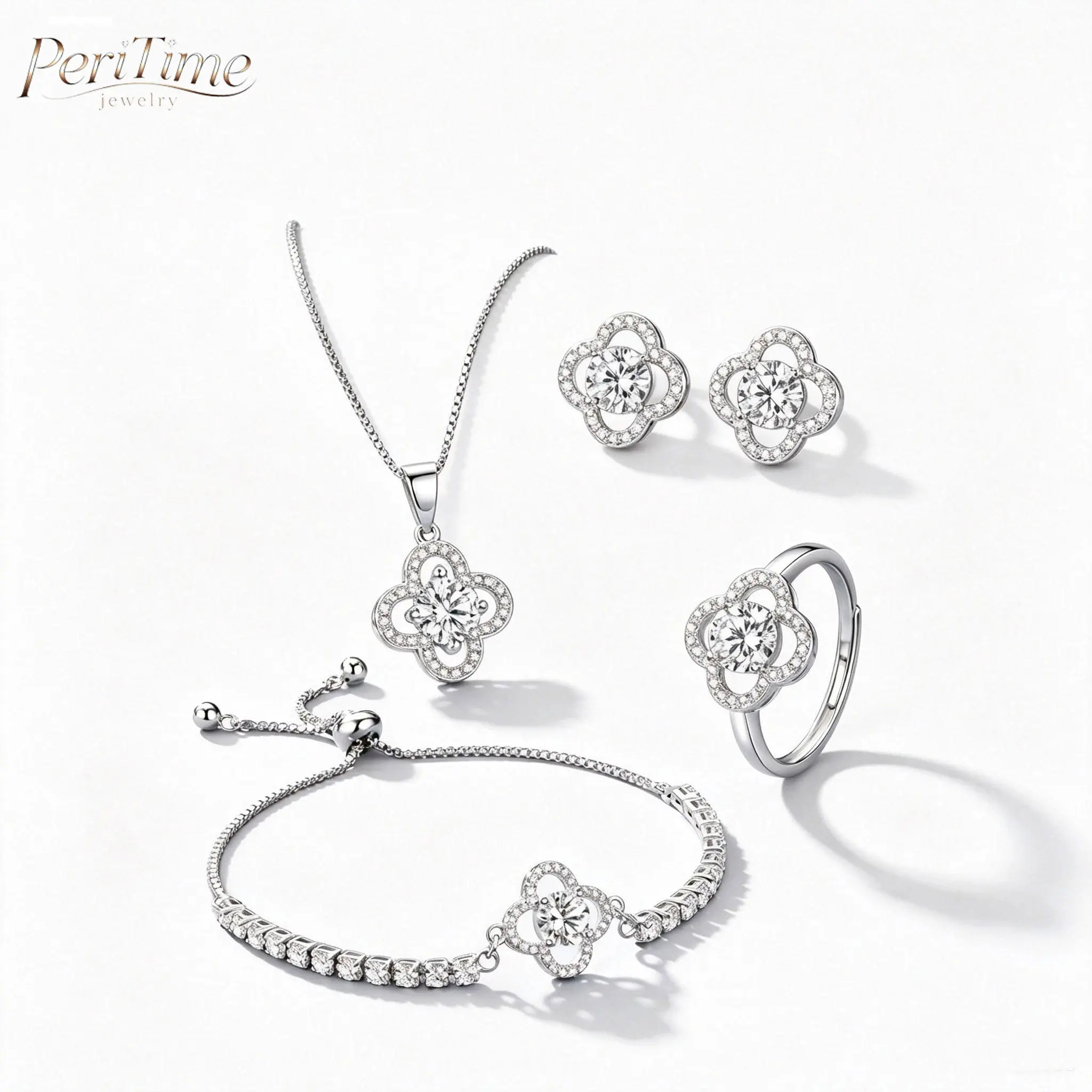 Women's 4-Piece Elegant Crystal Jewelry Set - S925 Silver-Plated, Hypoallergenic, Adjustable Bracelet, Bling Effect, 4-Leaf Clover Necklace & Earrings, Accessories Set for Birthdays, Graduations
