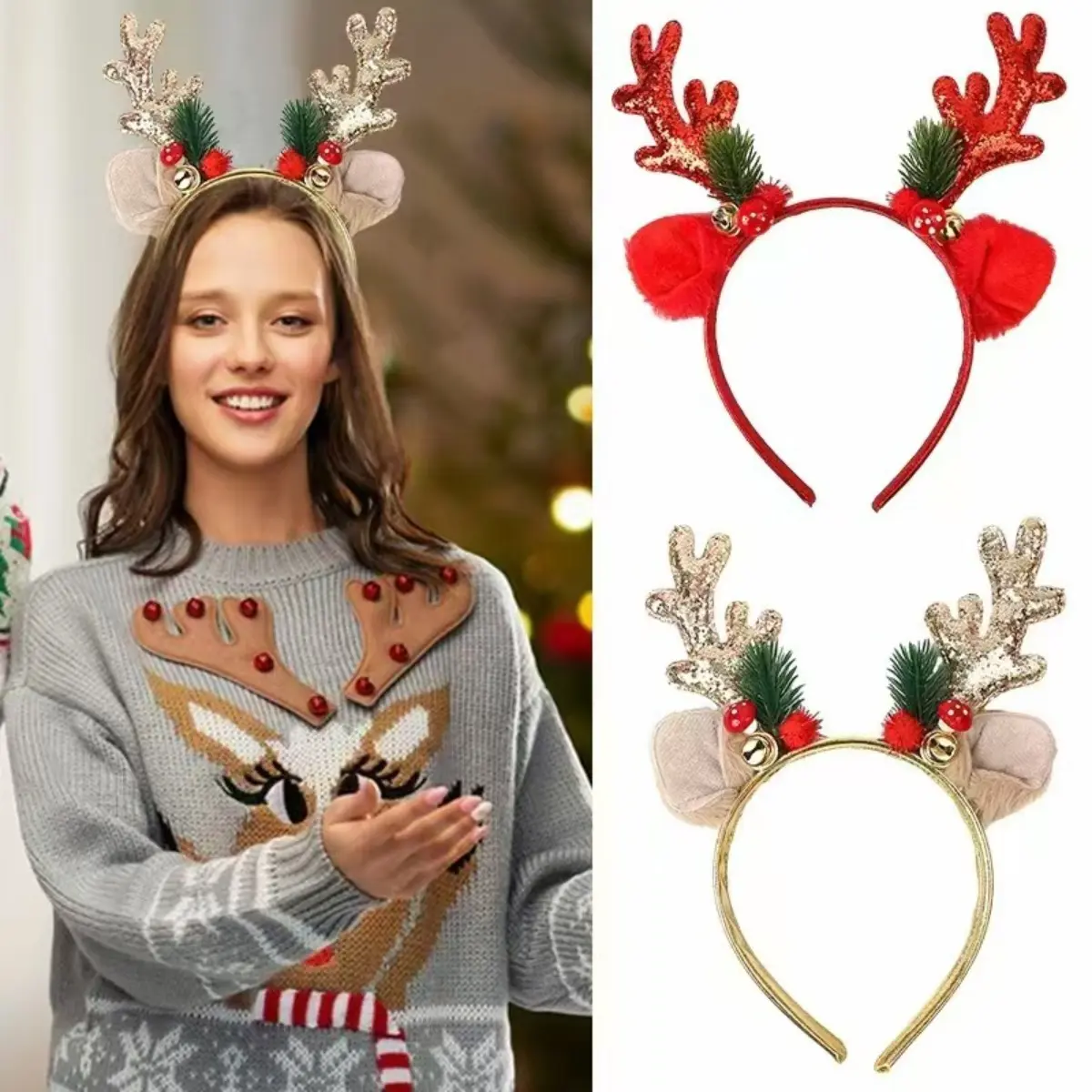 AWAYTR Unisex Christmas Bell Antlers Fabric Band Headbands, Adjustable Elastic Hair Accessories for Christmas Parties, Festive Look Decor, Lightweight Wear, Birthday, One Size Fit All