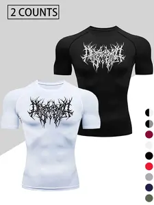 2PCS Men's Compression T-Shirt Set, Breathable Sweat-Wicking Tight Fit Sports Shirt, Gothic Print, High Stretch Casual Gym Running Top