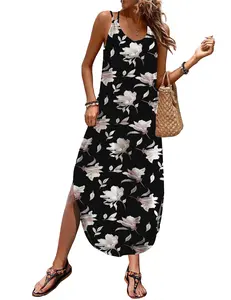 Zeagoo Live Women's Casual Sundress Summer Maxi Sleeveless V Neck Split Boho Beach Dress Travel Vacation Dress with Pockets summerwins