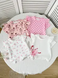 Four-Piece Baby Girl Short Sleeve T-Shirt Set, Ballet Style Dot Floral Pattern, Perfect for Summer Daily Wear, Cute for Girls, Baby Girl Clothes, Cute Tops