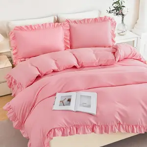 Pink Ruffle Duvet Cover Set Twin Size 3 Pieces Girls Comforter Covers Farmhouse Shabby Chic Duvet Set Soft Cute Ruffled Bedding Cover for Kids Teens(Pink, Twin)