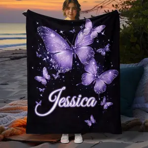 Custom Name Purple Butterfly Wool Blanket - Personalized, Lightweight Flannel, Suitable for Sofa, Bed, Travel, Camping, Office, Portable, Feather-Free, Electric-Free, Warm Digital Print Polyester Blanket (1 Piece)