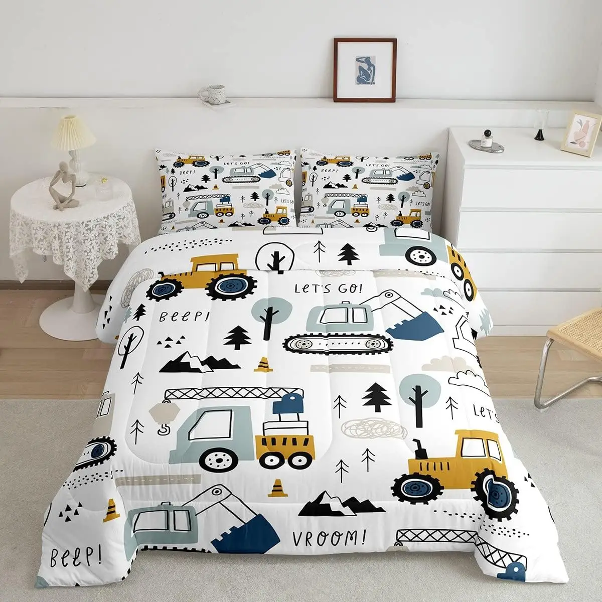 【Back to school】Cartoon Car Comforter Set,Construction Bedding Set,Room Decor Equipment Trucks Comforter All Season Excavator Tractor White Yellow Duv