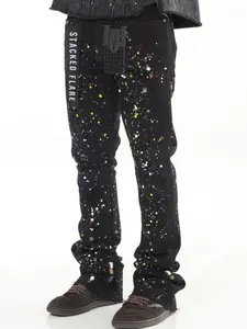 Black Paint Splatter Stacked Flared Jeans with Unique Splatter Design and Stacked Flare Fit