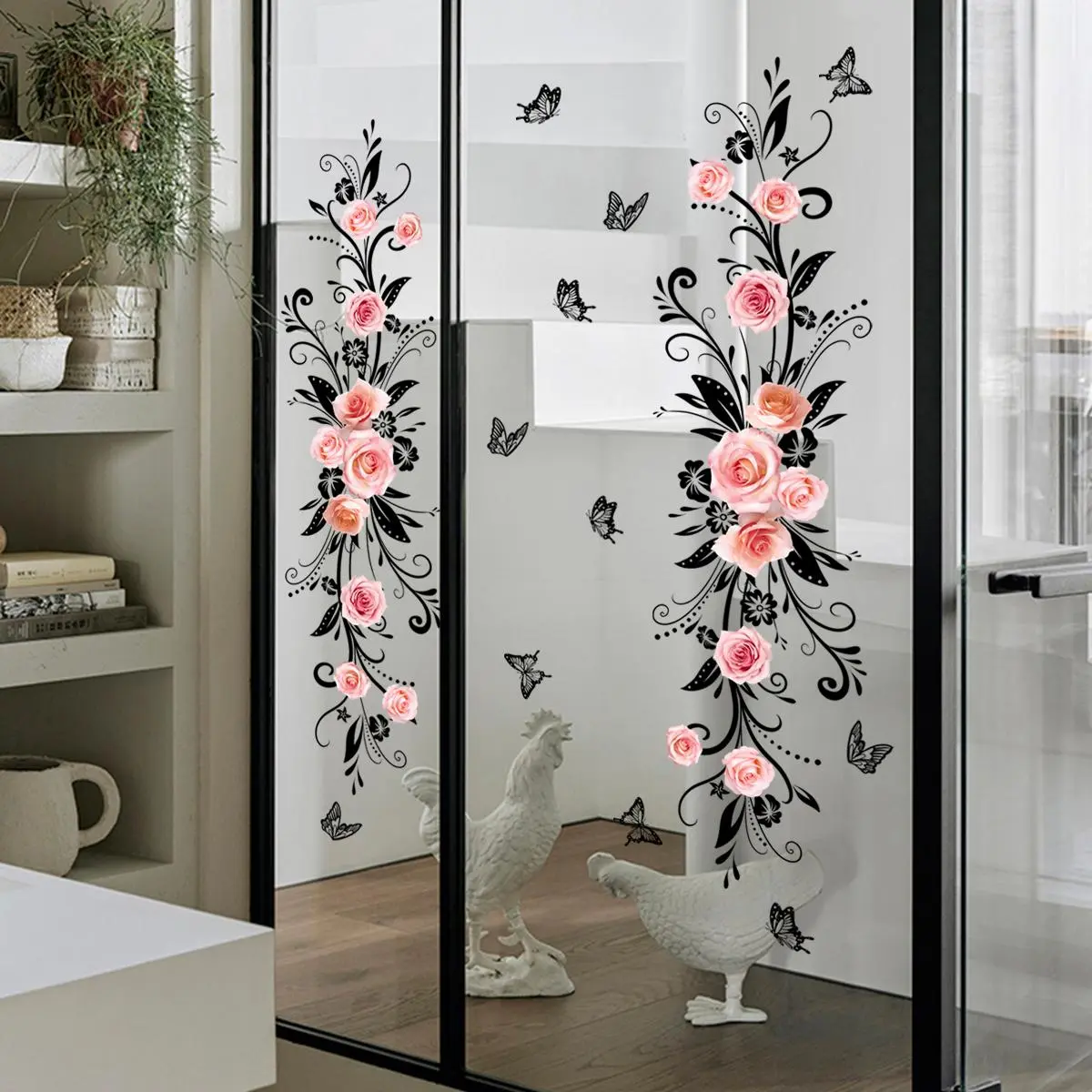 Flower Vine Pattern Glass Sticker, Double Sided Printing Glass Sticker, Decorative Wall Sticker, Decorative Sticker for Home Bathroom Glass Sliding Door, Flower Wall Stickers