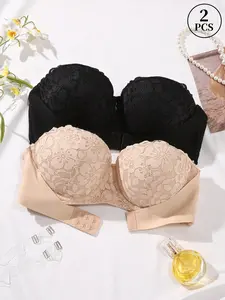 MIMILEMON Women's 2PCS Basic Solid Floral Lace Strapless Push-Up Underwire Bra Set - Front Closure Enhanced Lift, Back Closure Secure Fit, Breathable, Ideal for Backless Outfits, Bridal Wear