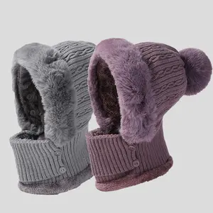 3 in 1 Winter Hat, Scarf and Mask Set - Comfortable Knitted Hat with Ears, Windproof and Warm Hooded Neck Gaiter for Outdoor Cycling