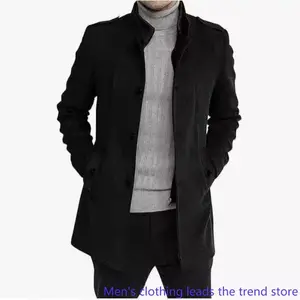 Men's faux two-piece woolen overcoat, mid-length zippered woolen coat Menswear Jackets Tops Beige Trench Grey
