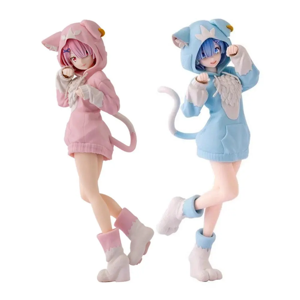 22CM Anime Rem Ram Cute Cat Ears Dress Standing Pose PVC Figure, Collectible Figure Decor, Whimsical Figurines, Home Collection Gift