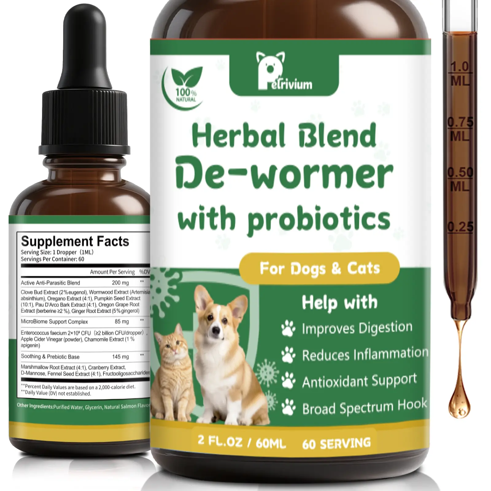 Petrivium Natural Intestinal Defense for Cats & Dogs Herbal Cleanse with Probiotic Triple Action Probiotics Supplement Drops for Gut Health Digestion Broad Spectrum Formula for All Ages and Breeds 2 Oz-#Summervibes#petlovers