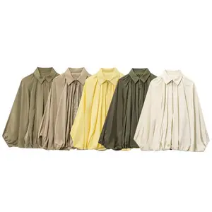 Womens Puffed Bomber Jacket Casual Batwing Sleeve Lapel Collar Zip Shirts Oversized Pleated Streetwear Jackets