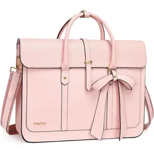 MOSISO Laptop Bag for Women, 13-14 inch PU Leather Laptop Shoulder Bags Convertible Backpack, 13.3 inch Messenger Bags Casual Handbag Work Briefcase Travel Computer Bag with Bowknot, Pink