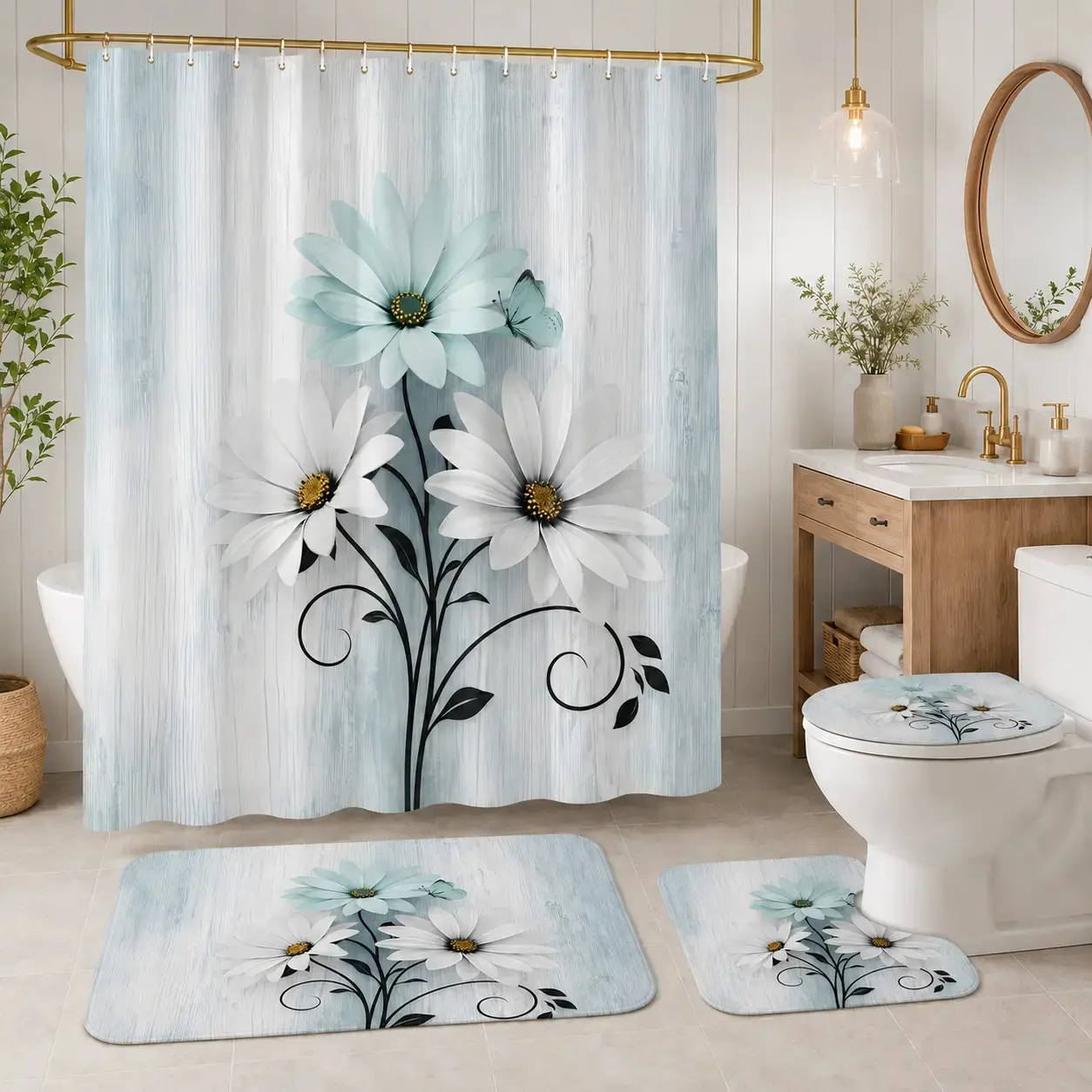 4-Piece Daisy Floral Shower Curtain Set, Waterproof Bathroom Decor Set with Bath Mats, Toilet Lid Cover, U-Shaped Rug and 12 Hooks, 72 x 75 Inch