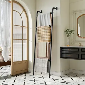 Blanket Ladder 4-Layer Towel Racks Wall-Leaning Blanket Holder Decorative Display Metal Ladder Shelf Stand Hanging Organiser Hangable Bathroom Restroom
