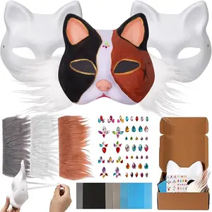 Cat Fox Mask 3PCS with Furs Eye Meshes and Gem Stickers, Therian Dress Up Masks to Paint, Animal Mask Arts Crafts Kit, Costume Masks for Halloween Masquerade Cosplay Party Interaction