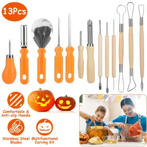 13PCS Pumpkin Carving Kit All-in-One Halloween Jack-O-Lantern Tool Set with Scooper Drill Etching Tools Double-Sided Saws Sculpting Tools Sturdy Stainless Steel Blades Anti-Slip Wooden Handle