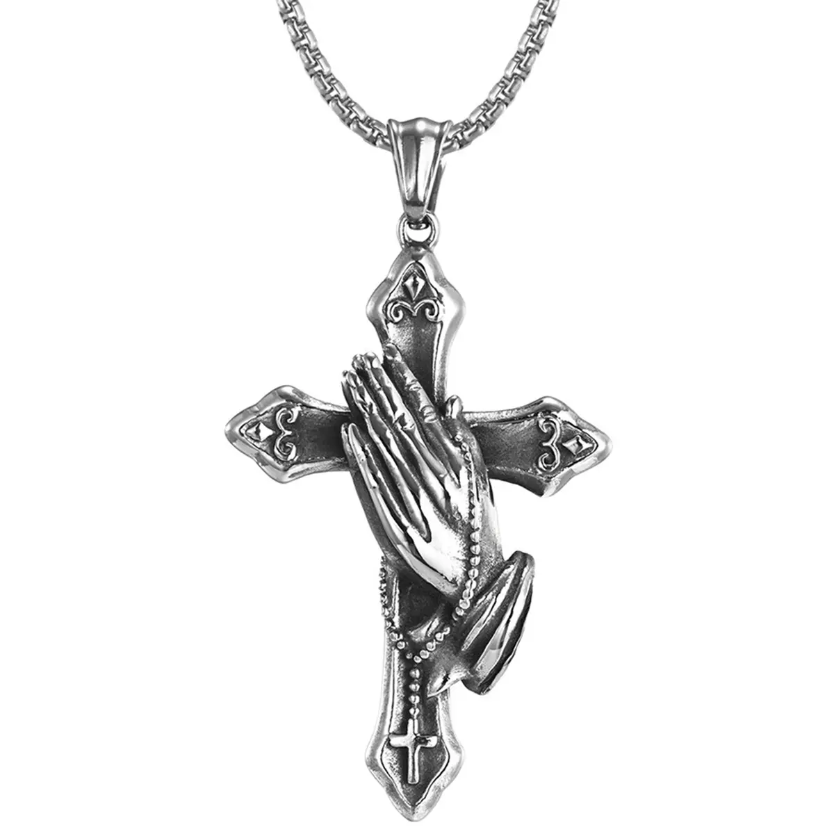 Men's Gothic Vintage Cross Necklace with Praying Hands Pendant, Stainless Steel Symbolic Faith Jewelry Chain for Street Style, Silver Cross Chain, Gothic Necklaces, Christian Cross Necklaces