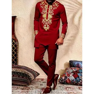 Muslim New Arrival Men's African Ethnic Clothing Set, Embroidered Top and Long Pants 2 Piece Set, Trendy Menswear