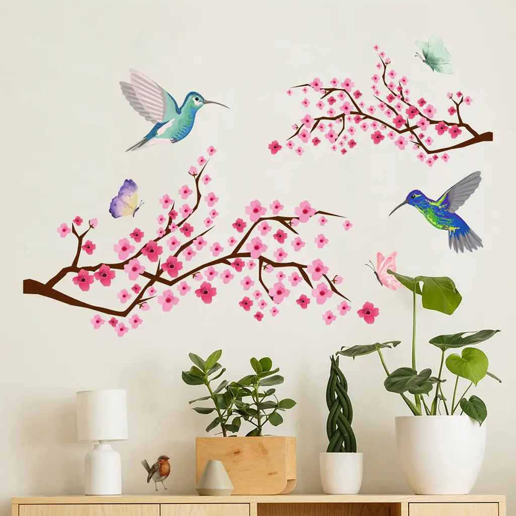 1 set of pink flower, Flower design, hummingbird butterfly wall stickers, forest wall decoration stickers, suitable for home decoration, glass decoration, self-adhesive and detachable waterproof stickers