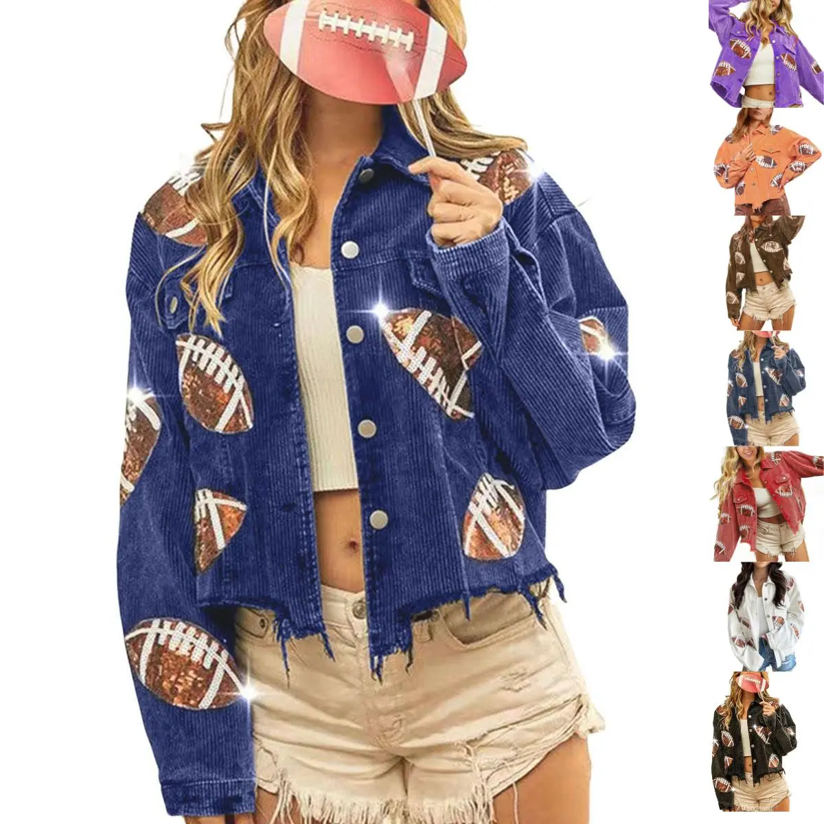 JovenPara Women's Game Day Colorblock Corduroy Contrast Sequin Cropped Shacket - Long Sleeve, Collared, Oversized Lapel, Button-Down Soft Rayon Outerwear, Casual Holiday Top for Football, Cool Girl Western Ootd