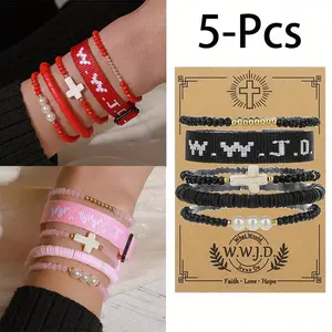 5Pcs Elegant Knit WWJD Letter Prayer Turkquoise Cross Charm Bracelet Set Women's Soft Clay Bead Wristband Handmade Elastic Beads Bracelet - Unisex Christian Friendship Bracelet Set