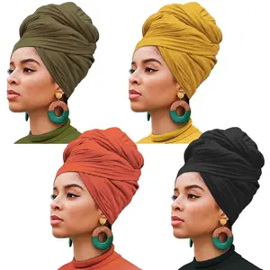 4 Pieces Stretch Jersey Head Wrap Knit Turban Urban Hairband Scarf Fashion Headband Solid Color Breathable Ultra Soft Extra Long Head Band Tie for Women (Black, Army Green, Turmeric, Orange)