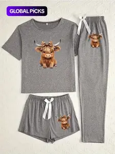 Women's Three-Piece Pajama Set, Highland Cow Print, Casual and Elegant, All-Season Comfortable Sleepwear, Womenswear, Pyjamas, Pjs, Loungewear