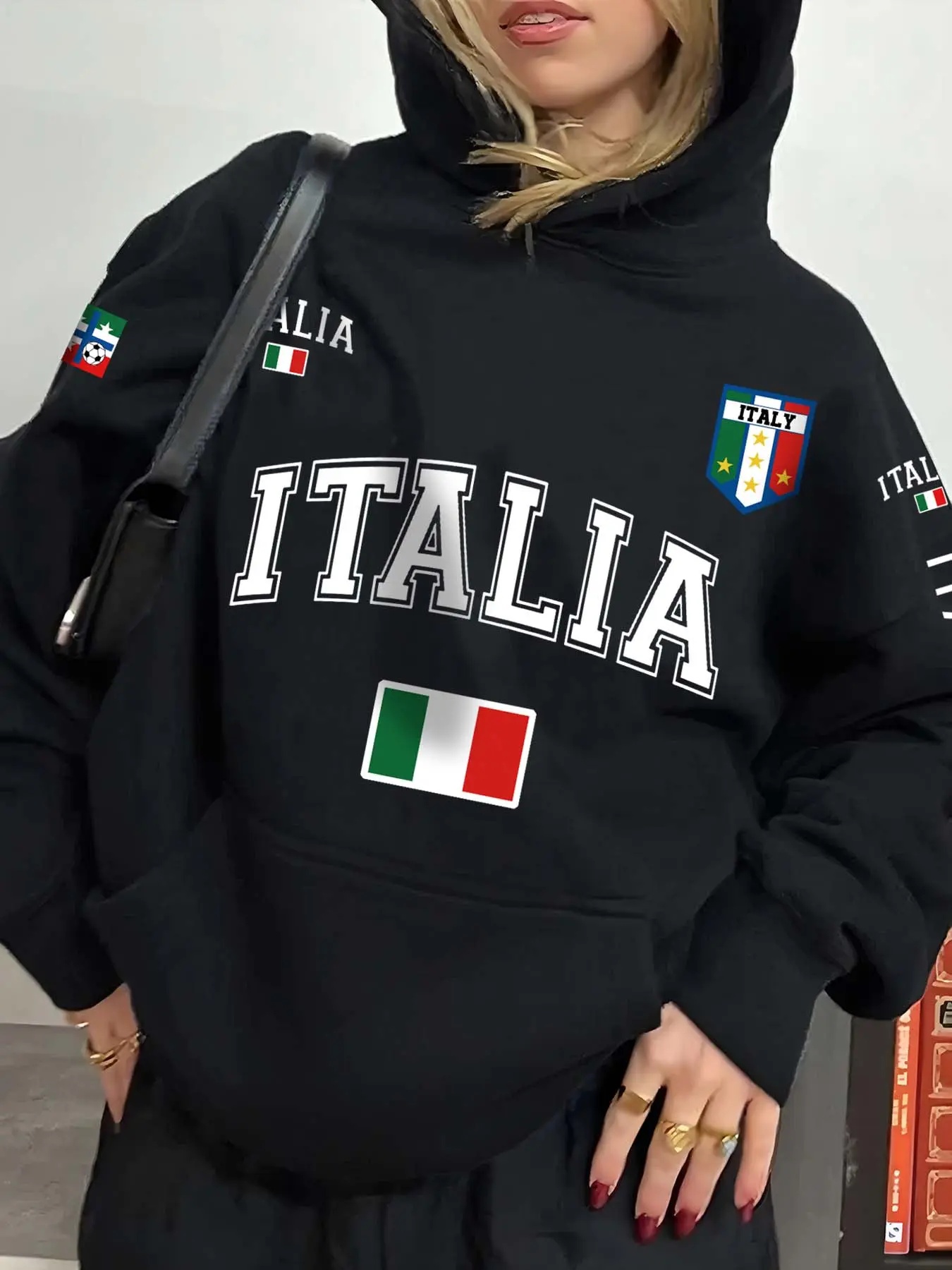 Italia Hooded Sweatshirt Women, Fall Winter Fleece Lined, Sporty Casual Loose Fit, Italian Football Graphic, Streetwear Fashion Sportswear Long Sleeve, Casual Warm Sweatshirt, Womenswear Fleece Hoodie Sweatshirt, Graphic Hoodies
