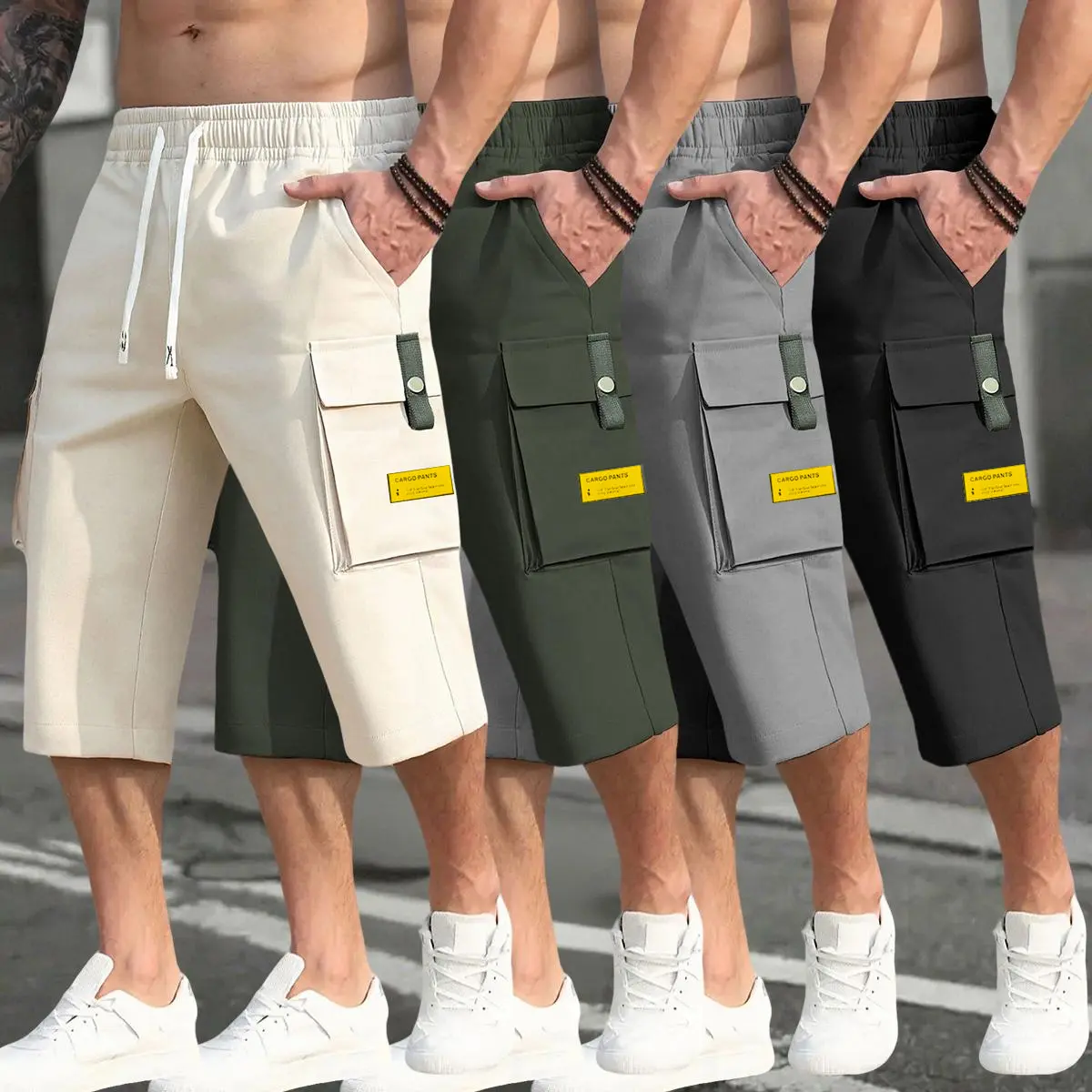Set of 4 men’s cargo pants with drawstring, large pockets, and letter patches — stylish casual summer everyday workwear