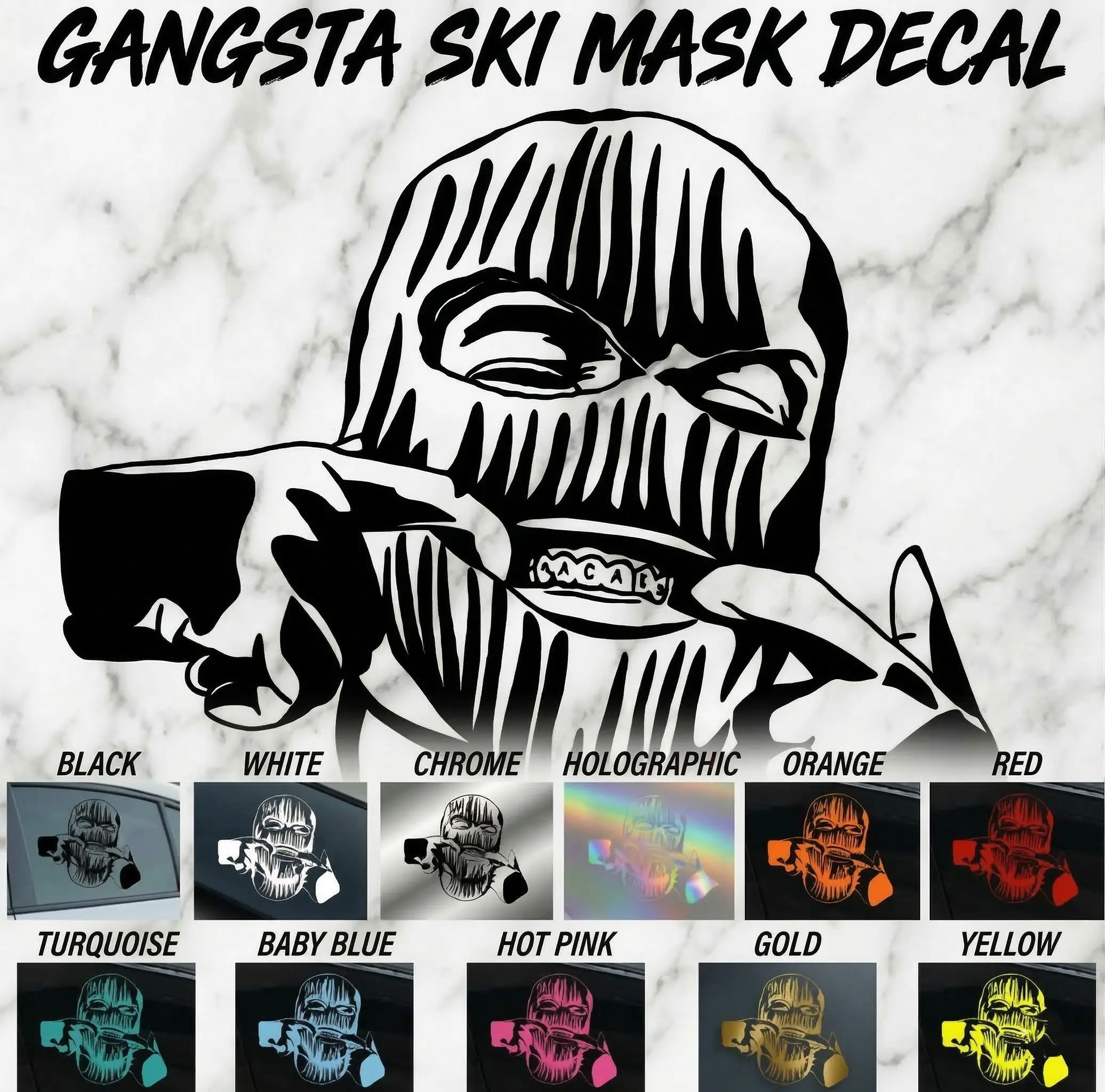 Gangsta Ski Mask Hologram Stickers - Gloss Black & White Chrome Car Exterior Stickers for Easy Personalization, No-Tools-Required Application, Personalize