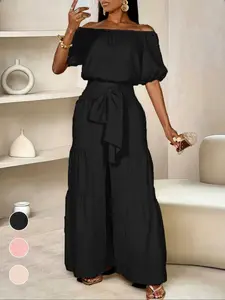 Office Vacation Style One-Shoulder Set, Loose Slimming Top, High-Waisted Adjustable Tie-Belt Flowy Long Pants Two-Piece Set, Casual Blouse, Womenswear