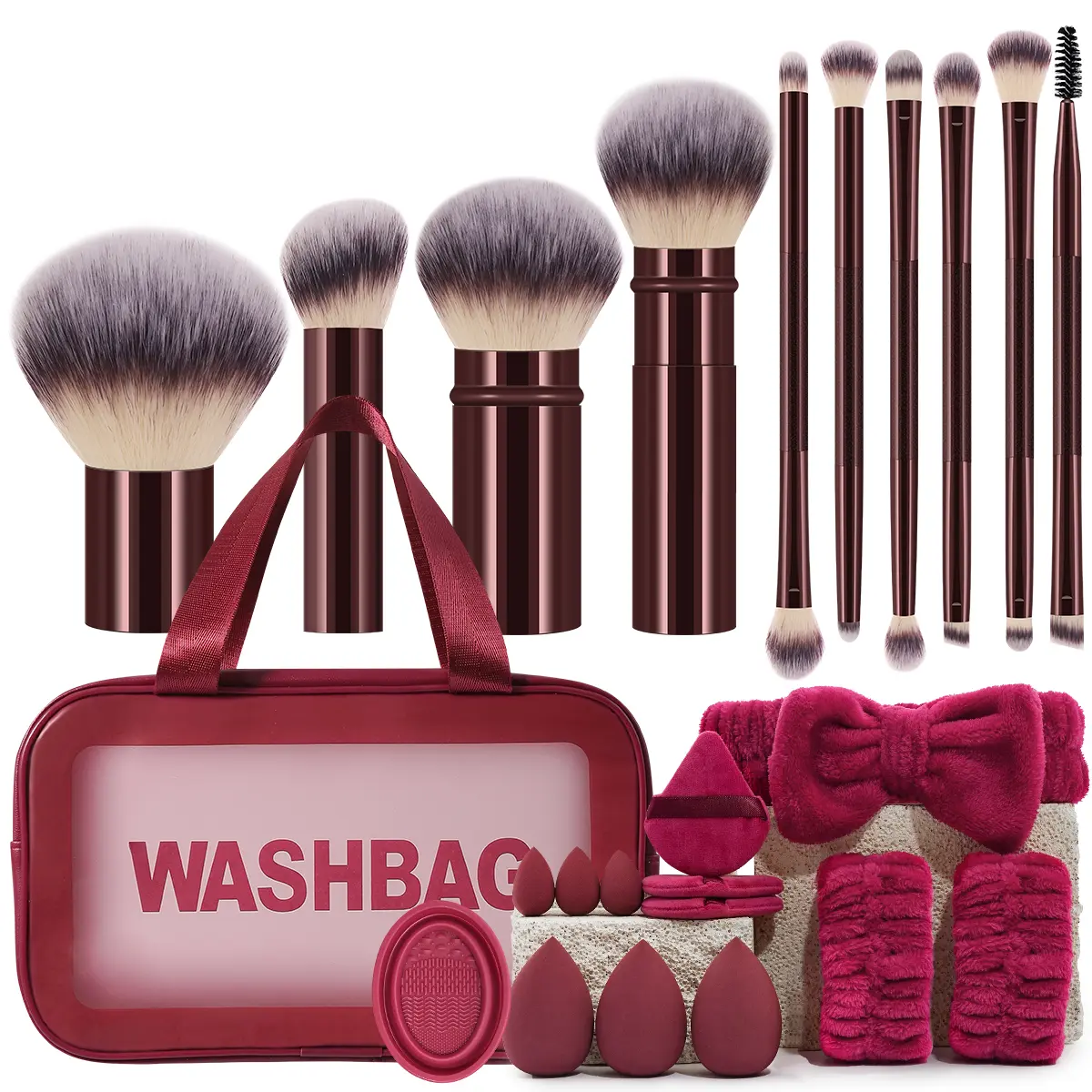 24PCS Makeup Tools Gift Set for Women, Including Waterproof Multi-Functional Zipper Makeup Bag, 10PCS Brushes, 3PCS Sponges, 3PCS Mini Sponges, 3PCS Triangle Powder Puffs, 1PC Hairband, 2PCS Hand Bowl Straps, 1PC Brush Cleaner, Makeup Bags, Gift