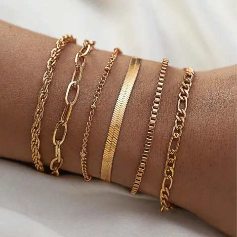 CAROVO Women's 14K Gold Plated Brass Bracelet Set - Female Modern Thin Dainty Cuban Link & Paperclip Chains, 6.69in with 1.96in Extender, Waterproof, Lobster Claw Clasp, Wedding/Anniversary Fashion Jewelry