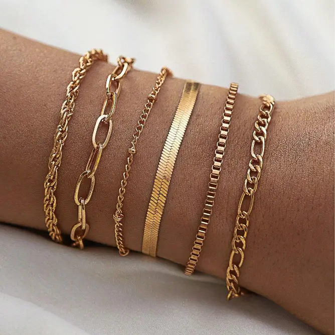 CAROVO Women's 14K Gold Plated Brass Bracelet Set - Female Modern Thin Dainty Cuban Link & Paperclip Chains, 6.69in with 1.96in Extender, Waterproof, Lobster Claw Clasp, Wedding/Anniversary Fashion Jewelry