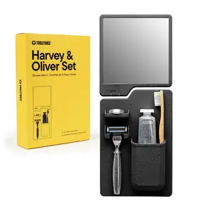 TOOLETRIES The Harvey & Oliver Set- Toothbrush & Razor Holder and Fog Resistant Mirror - Silicone Shower & Bathroom Accessory - Features Silicone-Grip Technology, Removable & Reusable - Charcoal