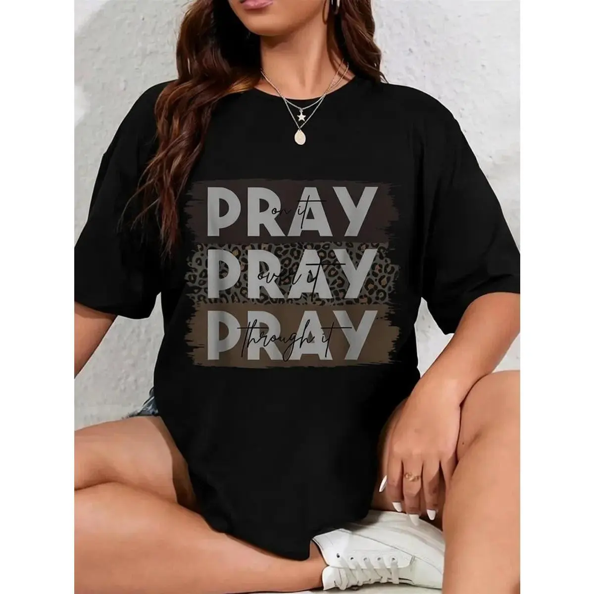 100% Cotton Pray On It Pray Over It Pray Through It Leopard Christian T-Shirt