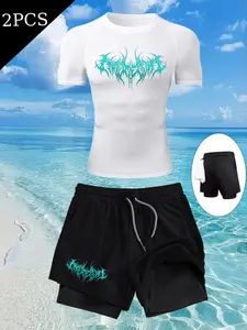 Men's Summer Sports Set, Tight Fit Short Sleeve + Multi-Pocket Double Layer Shorts, Blue Thorn Letter Print, Breathable Quick-Dry Gym Wear