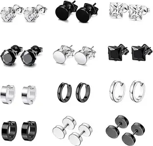 12 Pairs Hypoallergenic Unisex Stud Earrings Stainless Steel Black & Silver Simple Design with Free Storage Box Ideal for Men Women Boys Girls Daily Wear Special Occasions Great Gift accessories for women
