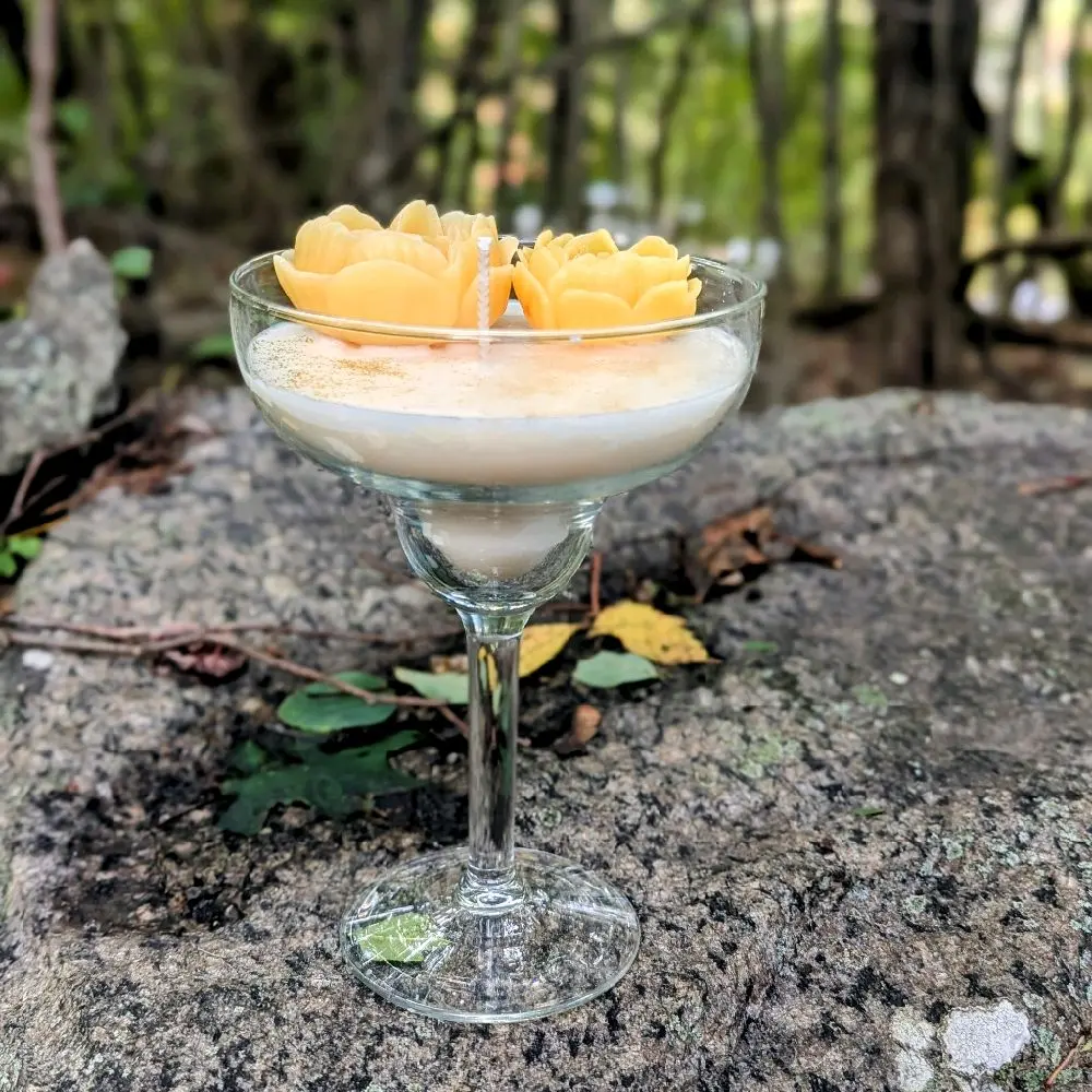 Handmade Coconut Scented Candles on Martini Glass with Colorful Flower Decorations for Aromatherapy and Home Decor
