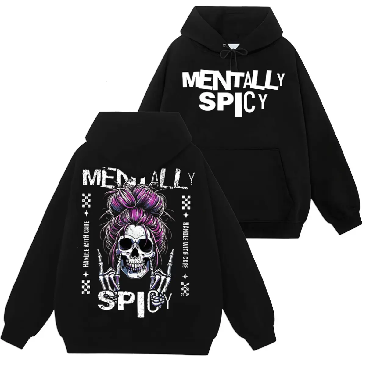 Men's Baggy Pullover Hoodie, Funny Spooky Skeleton Hands & Skull Messy Bun Print Sweatshirt, Classic Tops for Party, Thanksgiving, Soft, Cotton, Graphic, Casual Ootd, Outdoors, Alternative Style, Ghost Style, Business, Easter, Hand Wash
