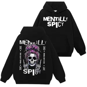 Men Women Mentally Spicy Hoodie Sassy Skull Graphic Sweatshirt Purple Messy Bun Skeleton Hands Print Long Sleeve Pullover Handle With Care Design Funny Spooky Casual Top For Spicy Souls Black Daily Wear
