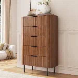 【CategorySelect】ONBRILL 32-in Wooden Modern Farmhouse Fluted Wooden Dresser - 5-Drawer Tall Chest with Curved Profile, Certified Wood Bedroom Dresser, Multi-Use Indoor Cabinet for Closet or TV Stand