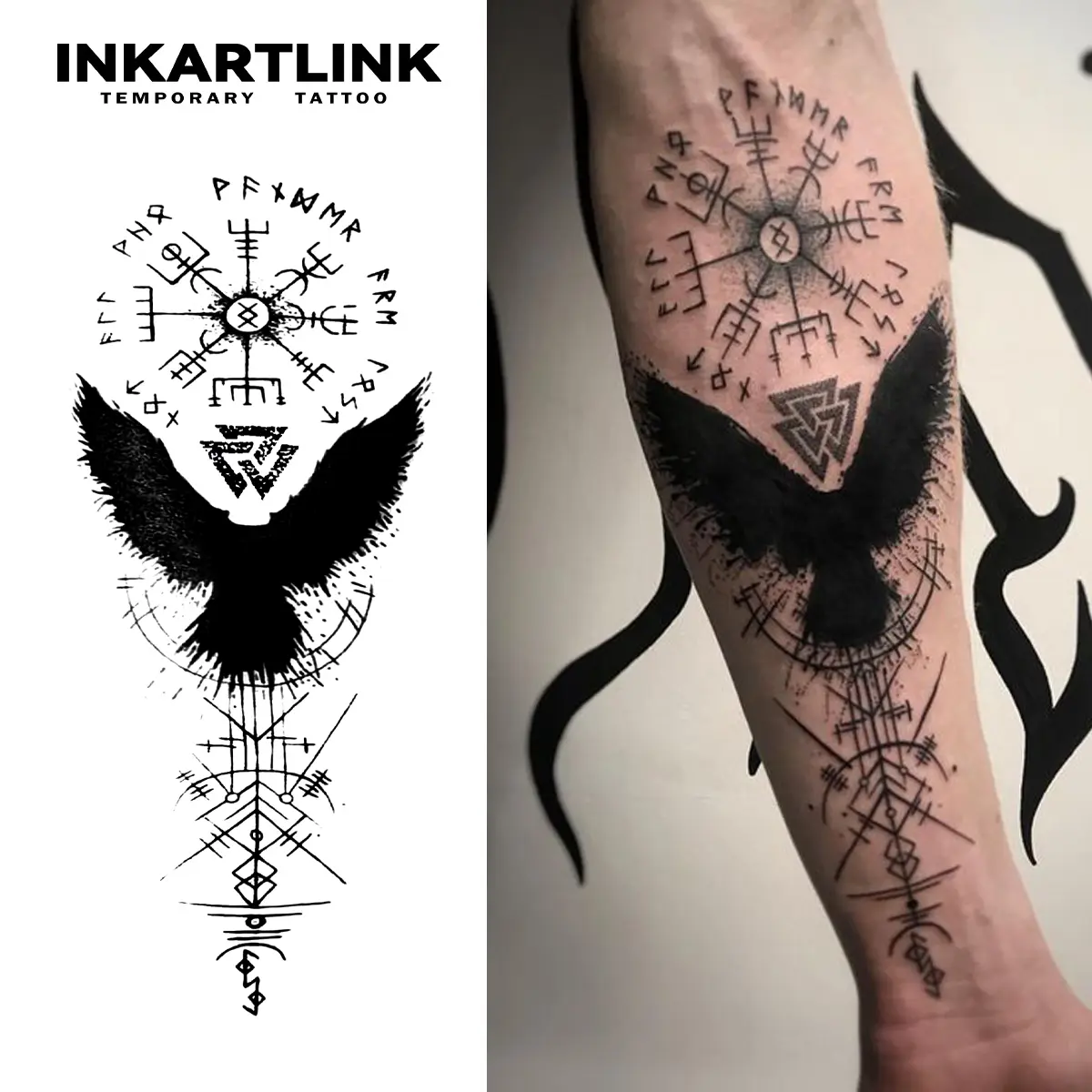 INKARTLINK Magic Art Crow Temporary Tattoos, 2-Piece Realistic Fake Arm Tattoos, Waterproof, Semi-Permanent, Long-Lasting Simple Stickers, Suitable for All Skin Types, Ideal for Parties, Arm Temporary Tattoos