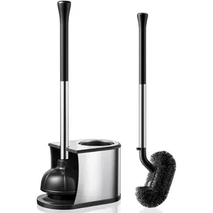 Toilet Plunger and Brush Set: 2 in 1 Stainless Steel Rustproof Combo with Deep Cleaning Curved Bristles - Heavy Duty Toilet Unclogging for Family Bathroom - Compact Apartment Accessories
