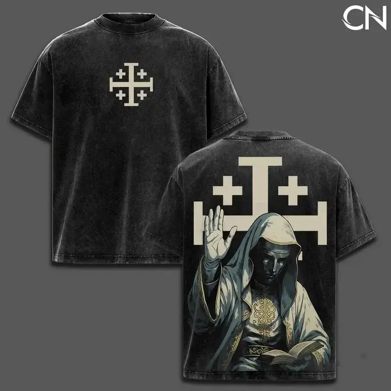 Men's Oversize Loose Fit Short-Sleeve Round Neck T-Shirt - Baldwin IV Crusader Knight Graphic, Vintage Wash Distressed Retro, Medieval Aesthetics Streetwear Top, Pairs with Jeans, Casual Tshirt, Menswear, Oversized Stylish Tee