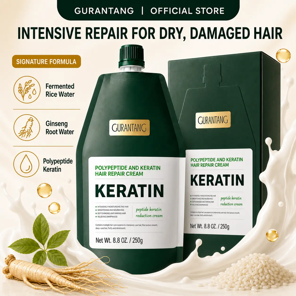 Peptide & Keratin Hair Mask | K-Beauty Care for All Hair Types, Dry Frizzy Hair, Damage Repair, Anti-Breakage, Deep Conditioning Care, Soft & Smooth Hair, Salon Shine Finish | with Ginseng Root Water, Fermented Rice Water, Rice Protein & Plant Oils