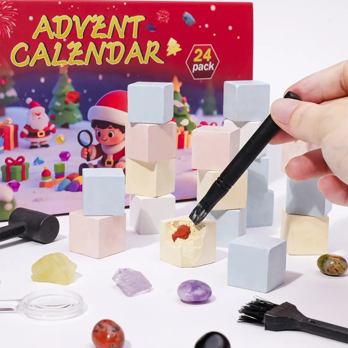 24-Day Countdown Advent Calendar with Natural Crystal Gemstones, Crystal Specimen, DIY Collectible Minerals, Educational Science Kit, Christmas Gift Set, Natural Crystal Pieces